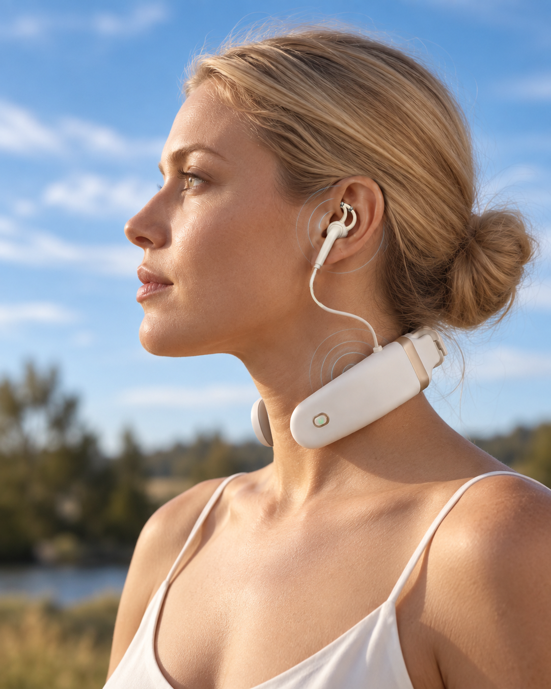 Young woman outdoors wearing Nevia, with subtle wave graphics at her left ear and left neck contact