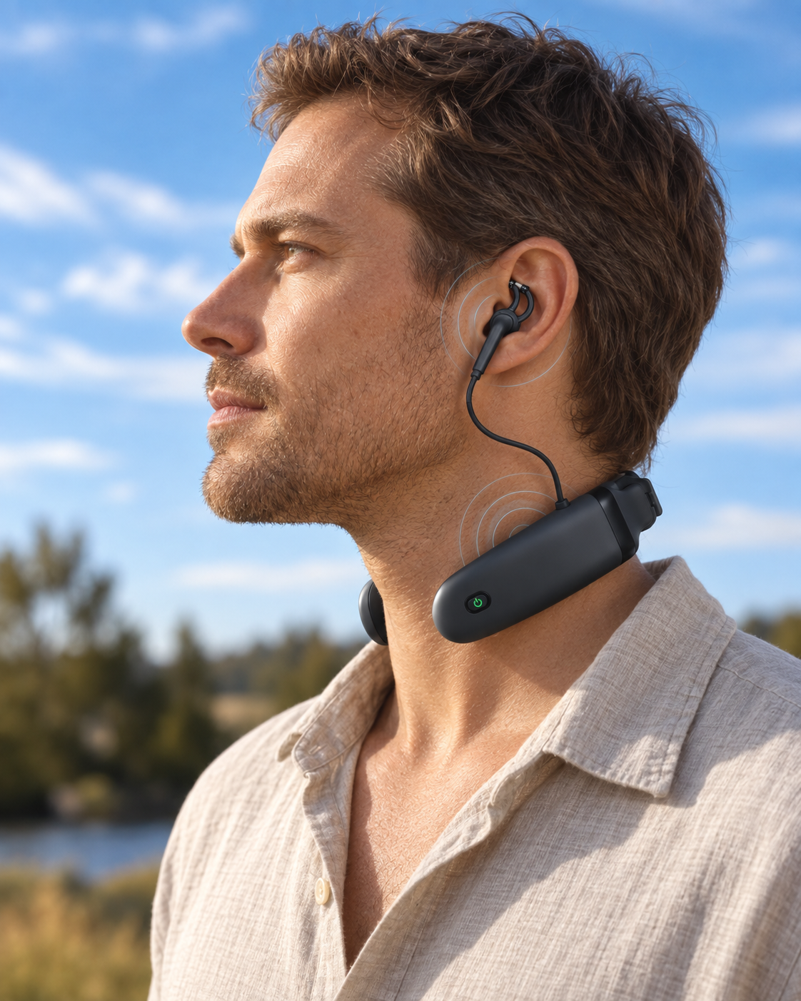 Man wearing Nevia in Space Gray, with the neckband and connected earpiece on his left side