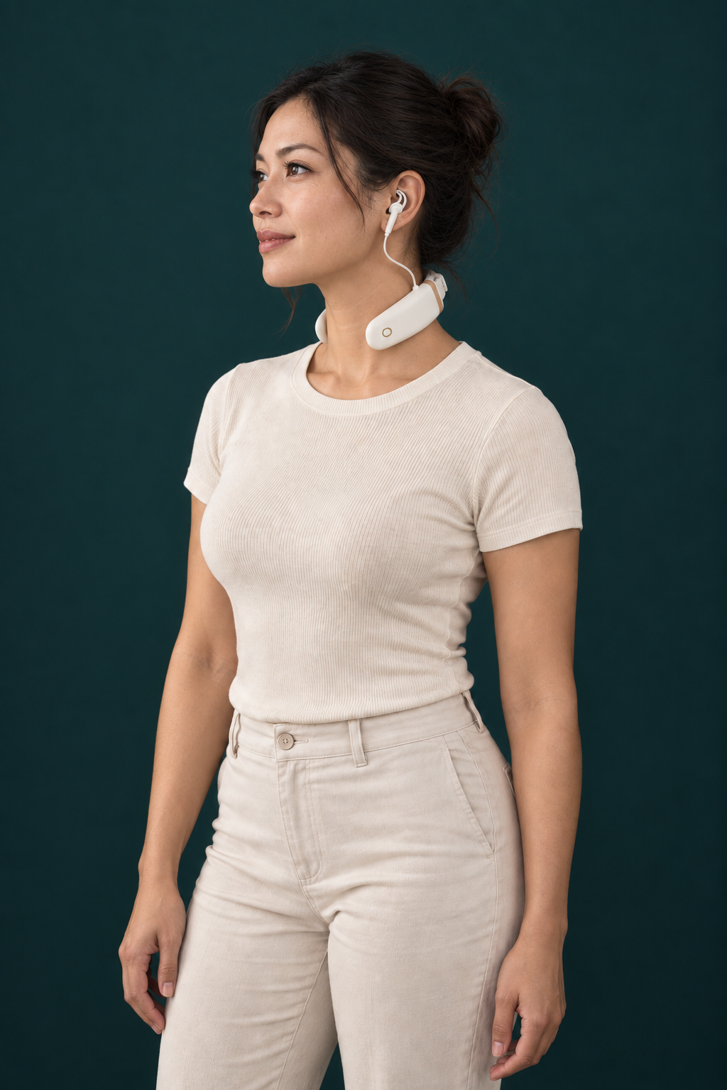 Woman wearing Nevia, with a translucent view of the brainstem, branching vagus nerves, heart, lungs, diaphragm and digestive organs beneath her silhouette