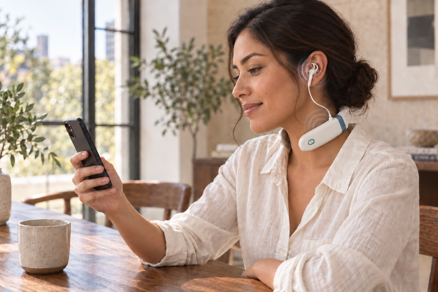 Woman wearing Nevia in Tide at a walnut table while using her phone, with subtle waves at the left ear and neck contacts
